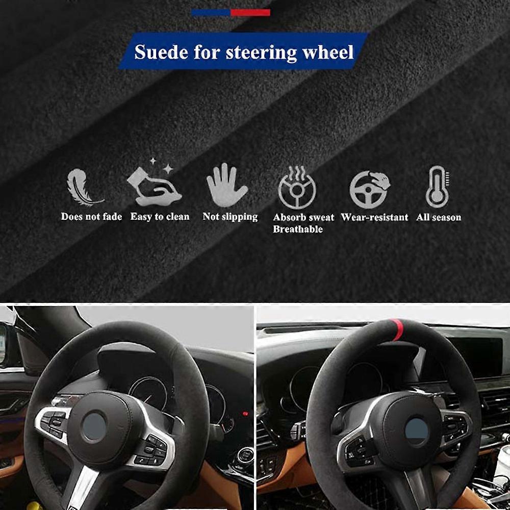 DIY Hand-Stitched Black Suede Red Marker Car Steering Wheel Covers For BMW E46 E39 325i E53 X5 X3