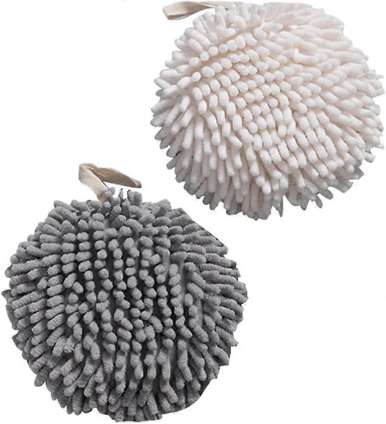 2PCS soft and absorbent plush ball towels, dry hand towels with loop absorbency, decorative towels for kitchen and bathroom. (White, gray)