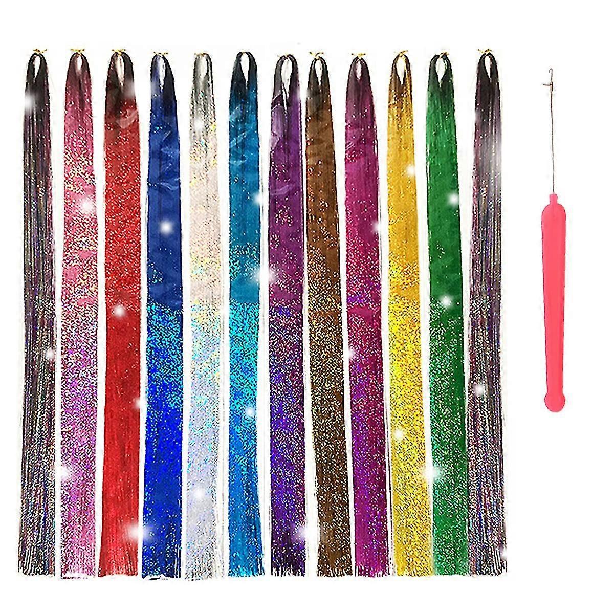 Hair Tinsel Strands With Tools 12 Colors 3000 Strands Fairy Hair Heat Resistant Glitter Hair Tinsel Strands Kit Sparkling Shiny Hair Extensions