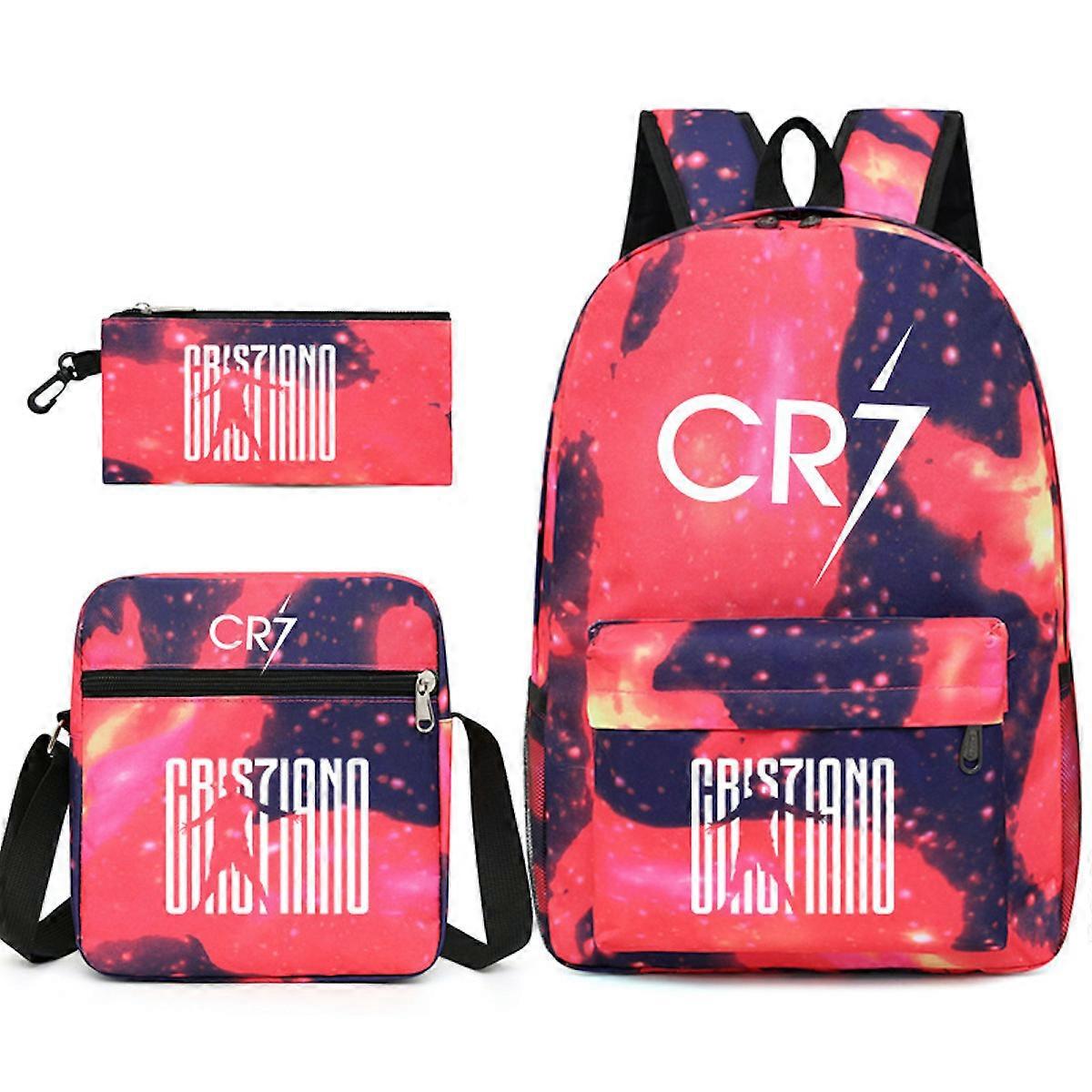 3 Pz/SetRonaldo CR7 Rosso Zaino Zaino Libro Studenti Libro Bag Causl Daypack per Ragazze Ragazzi con Messenger Borse Astuccio