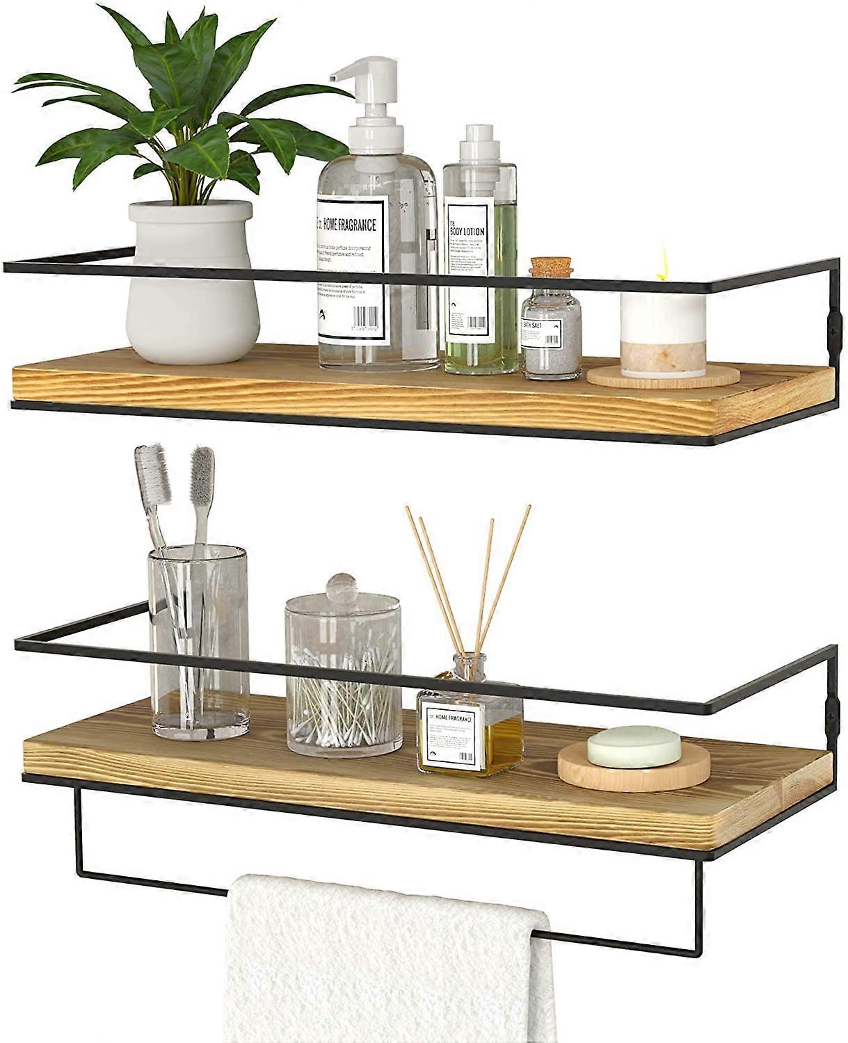 Set di 2 mensole sospese a parete, mensole portaoggetti a muro con struttura in metallo nero e portasciugamani (nero)