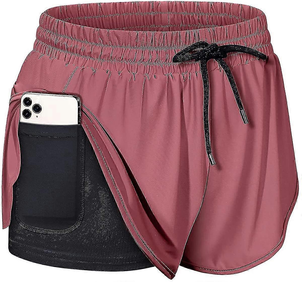 Womens Double Layer Drawstring Elastic Waist Athletic Shorts With Pockets