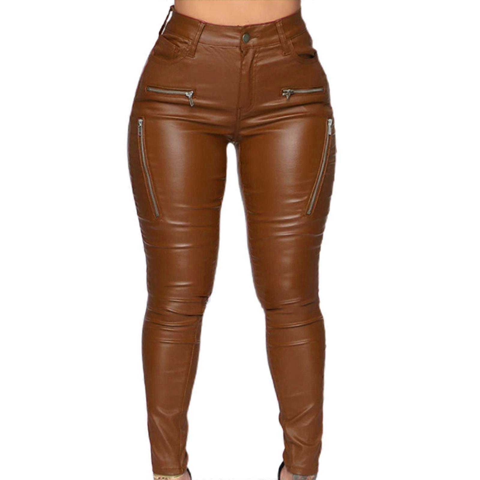 Women Sexy Artificial Leather Stretch Skinny Pants Mid Rise Solid