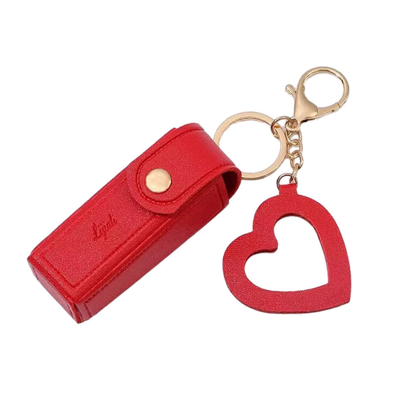 Red Portable PU Chapstick Holder with Keychain and Mirror for Women