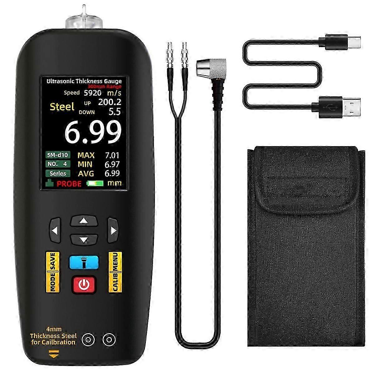 Ultrasonic Thickness Gauge, 1-300 mm Range with Color Display, with Probe compatible with Measuring Metal Steel Silver Plastic PVC