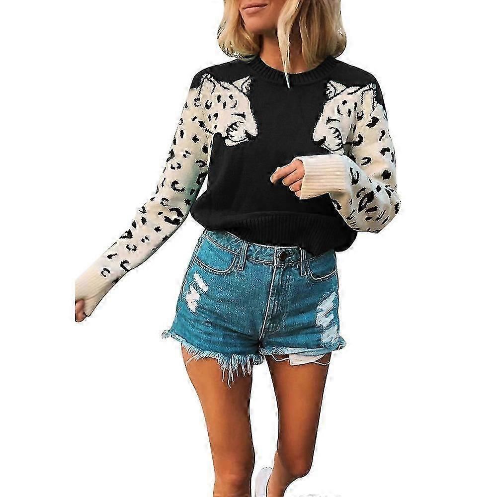 Women's Leopard Printed Sweaters Patchwork Knitted Sweater Pullover