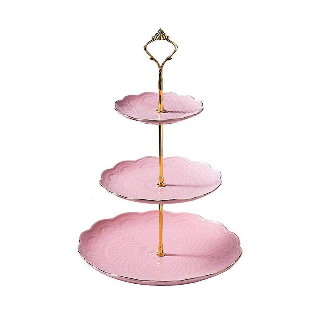 Macaron Color Ceramic 3-Tier Cake Stand with Golden Trim, Crown Shaped Rod, Pink Pastry Display for Cupcakes and Desserts