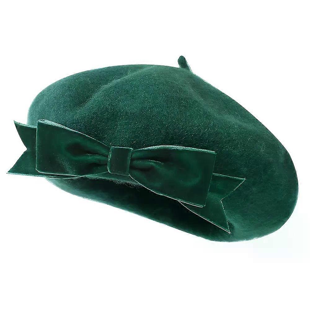 Elegant Dark Green Wool Beret with Large Bow Vintage Inspired Painter Cap for Women Perfect for Parties Trendy Outfits