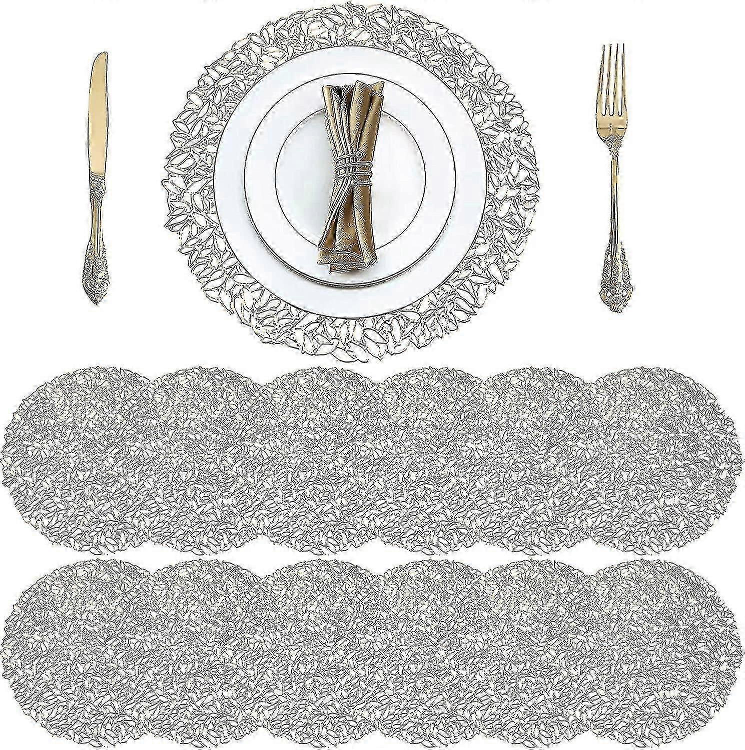 12 حزمة جولة ضغطت الفينيل Placemats، غير زلة قابل للغسل الذهب الزفاف