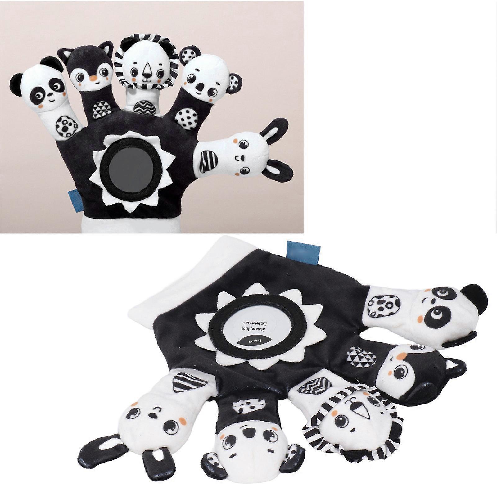 Hand Puppet Animal Shaped Interactive Educational Plush Hand Puppet with Built in Rattle for Baby Kids Black White 