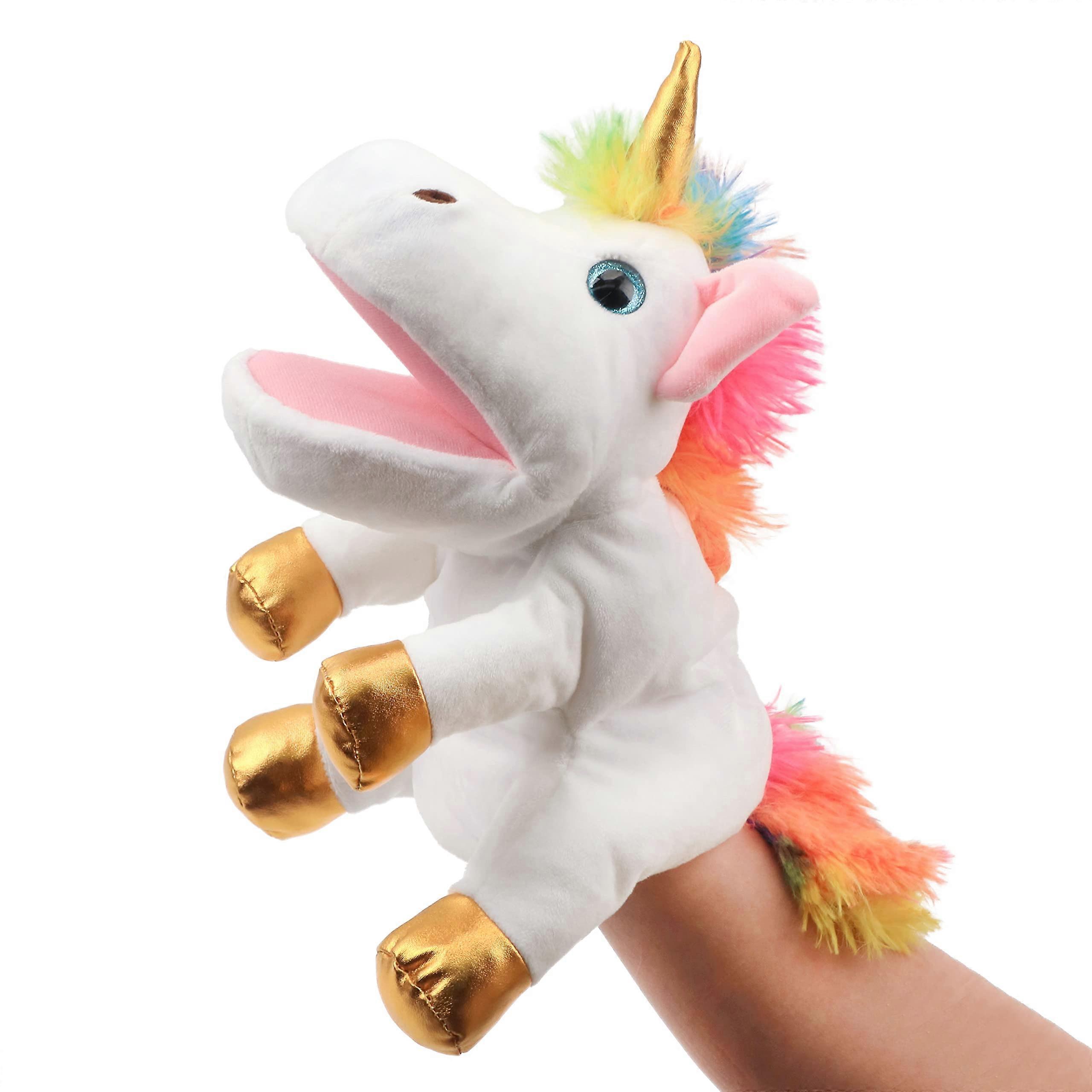 Plush Unicorn Hand Puppet with Movable Mouth for Play, Storytelling, Gift, White, 12''