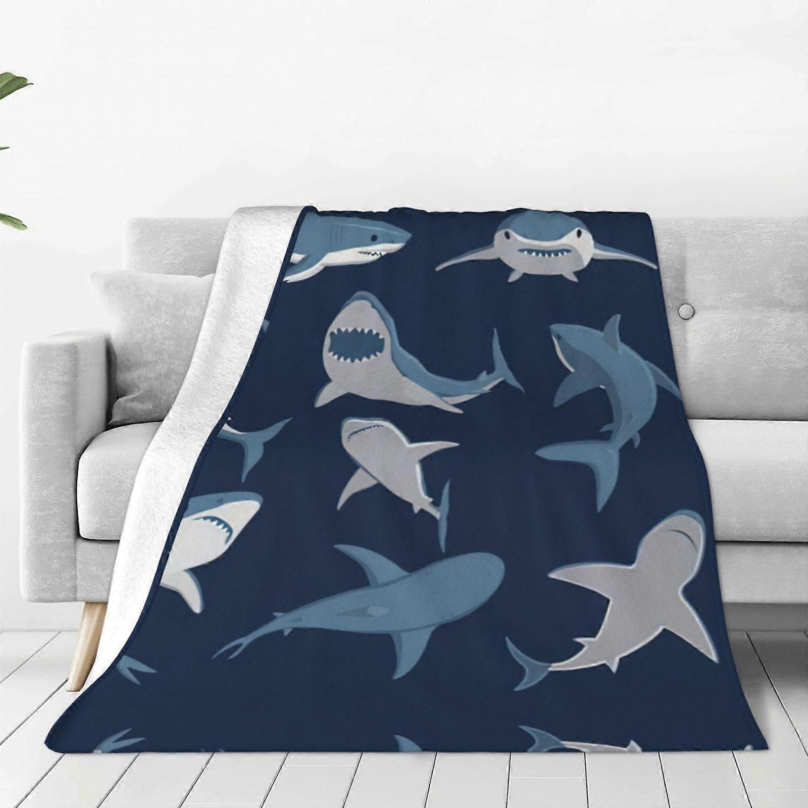 Soft Cartoon Shark Print Blanket, Anti-Pilling Flannel Throw, Black 40"x30", Available in Multiple Sizes and Occasions