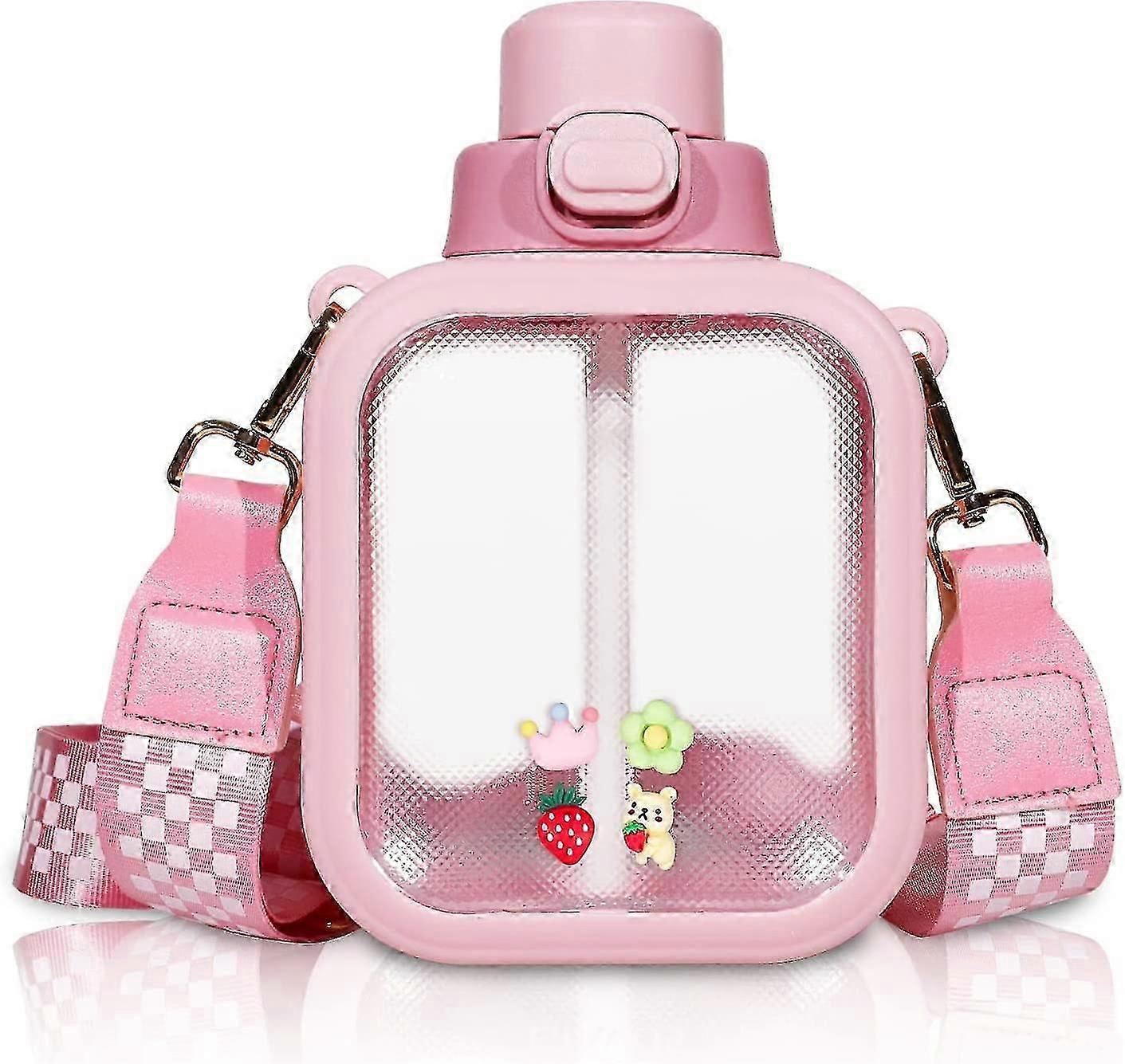 Kawaii زجاجة ماء لطيف زجاجات المياه مربعة مع القش ، كوب ماء السفر المحمول مع حزام قابل للتعديل مع ملصق عشوائي للهدايا المدرسية المكتبية