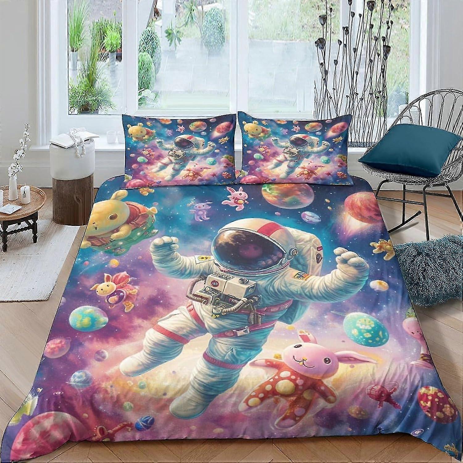 Astronaut Duvet Cover 3 Piece Set One-sided Pattern Bedding Set Soft Lightweight Microfiber Quilt Cover with Zipper Closure Double