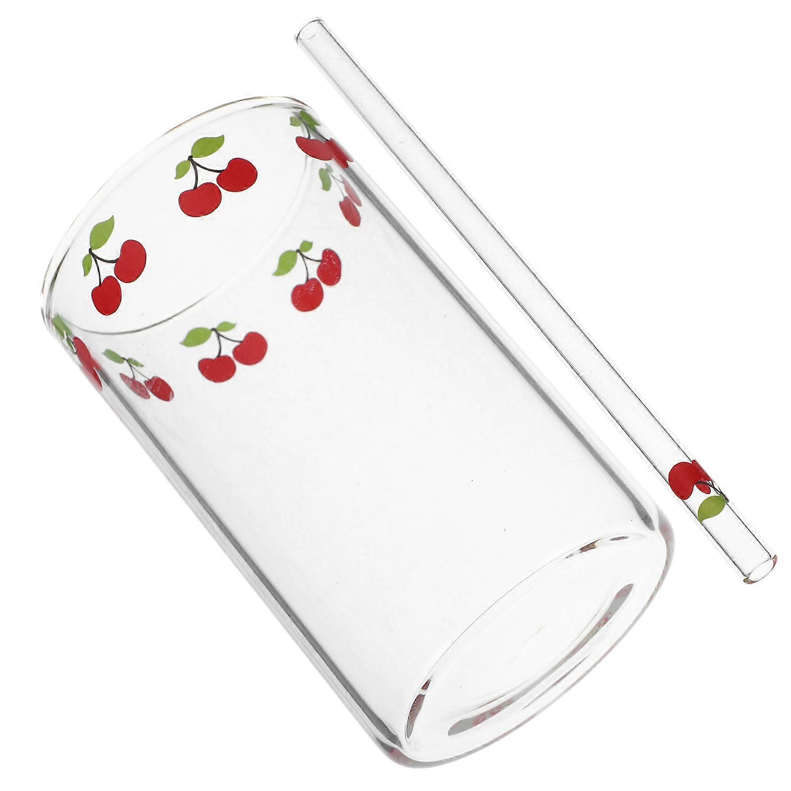 Cherry Pattern Glass Drinking Cup with Straw for Hot Beverages, Tea, Coffee, and Milk – Lightweight, Portable Mug for Home, Office, and Outdoor Use
