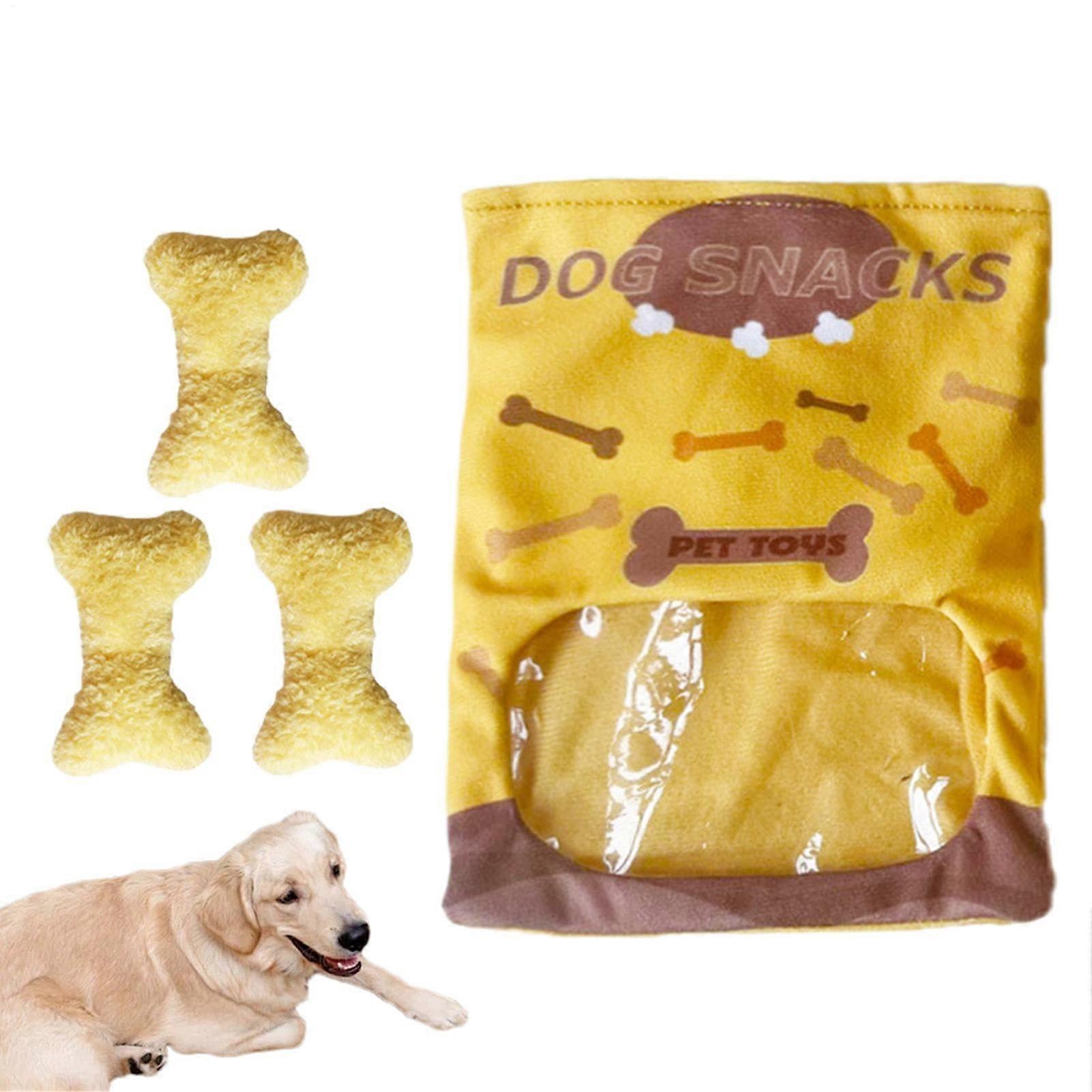 Bone Plush Dog Toy with Squeakers, Crinkle Soft Filled Dog Bone Snack Bag, Cognitive Training Chew Puzzle Toy for Dogs