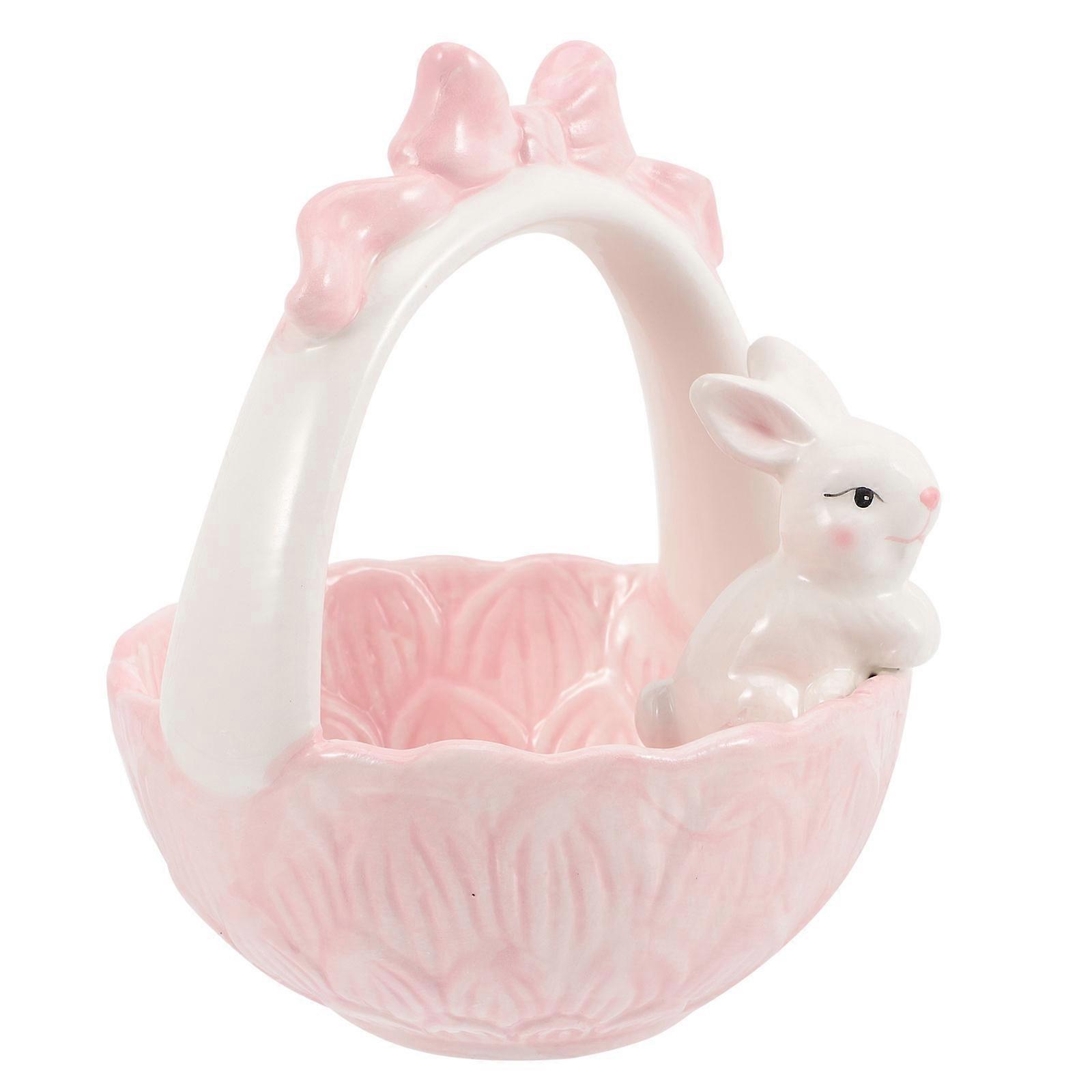 Ceramic Bunny Statue for Desktop Easter Party Decoration Rabbit Basket Design 1 Set