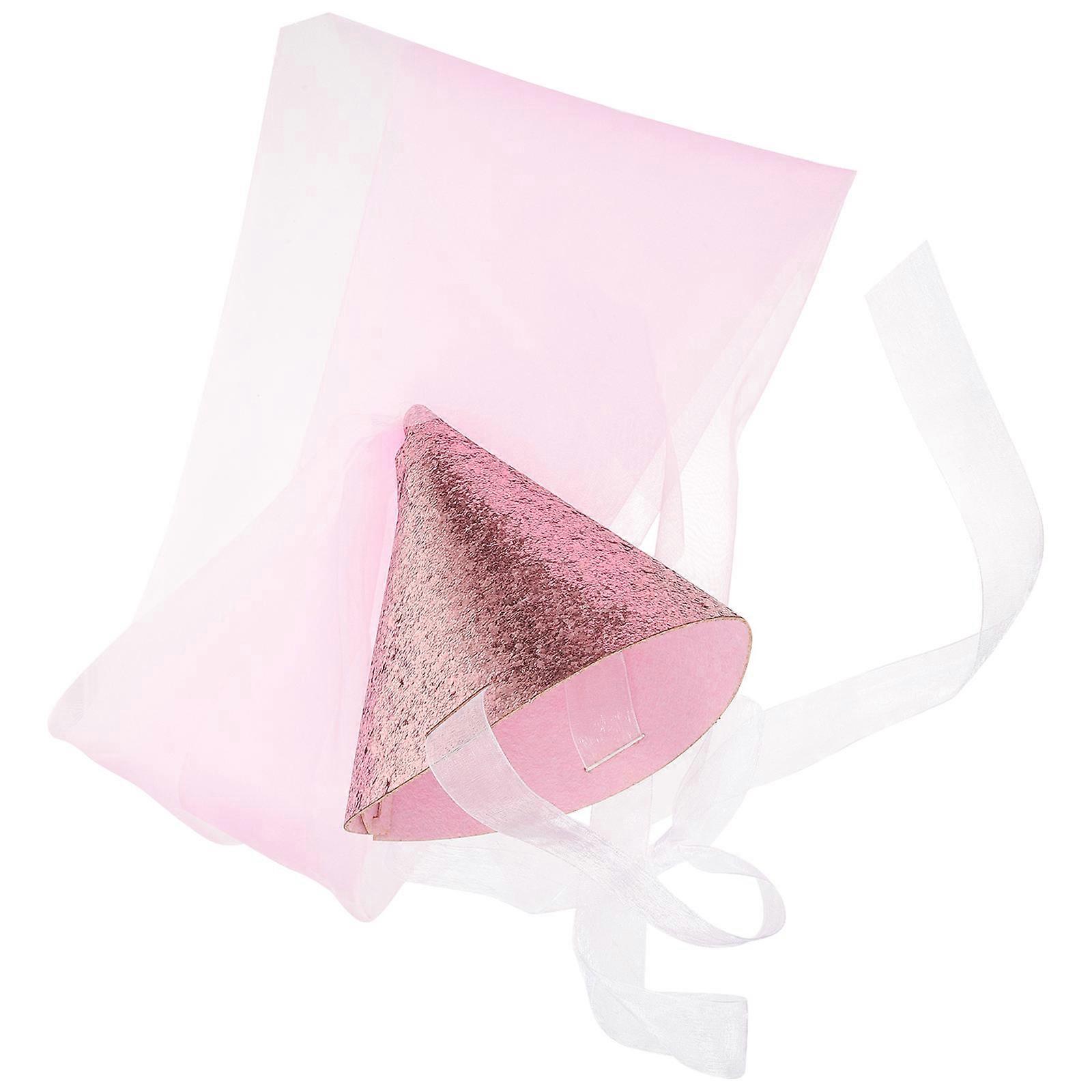 Pink Birthday Cone Hat with Tulle for Party Use Made of Paper and Tulle 7 Inch