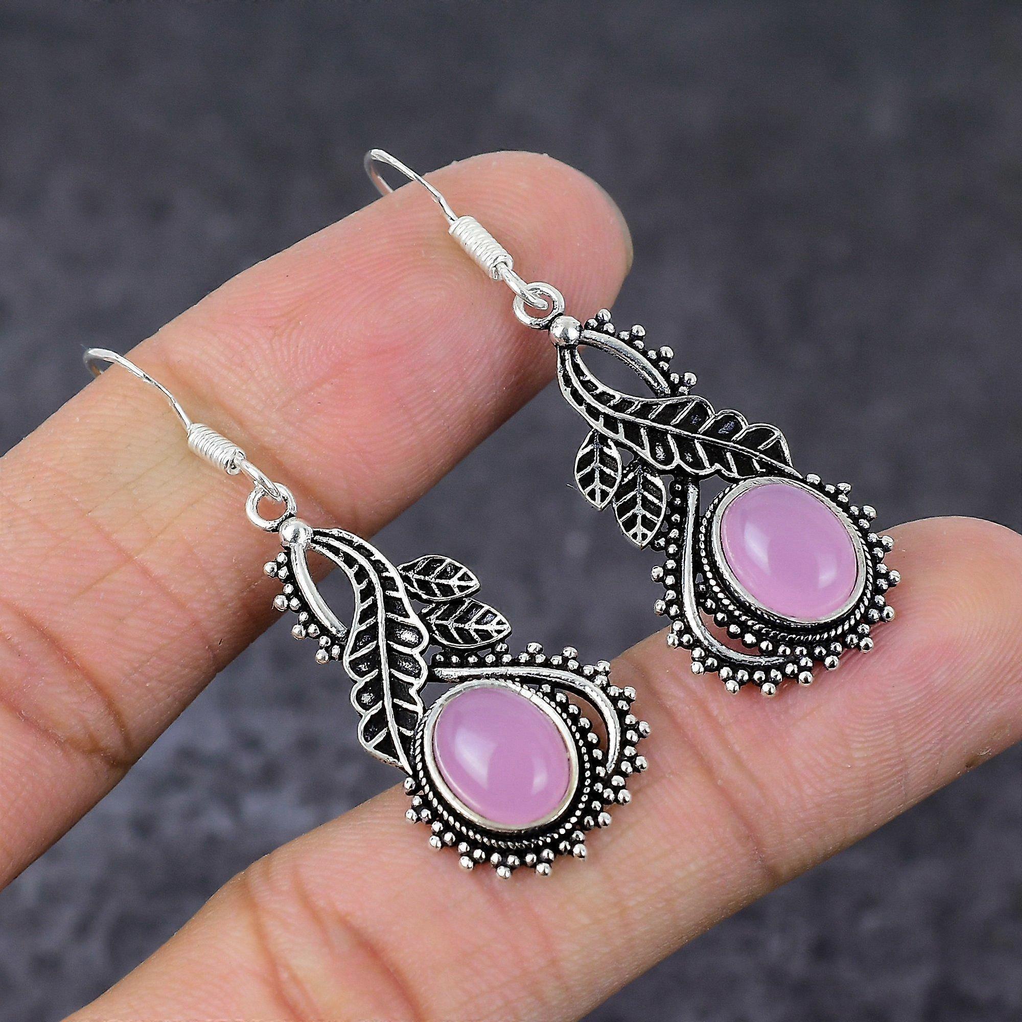 Natural Rose Quartz Gemstone Handmade 925 Sterling Silver Gift Earring 2" y5v77