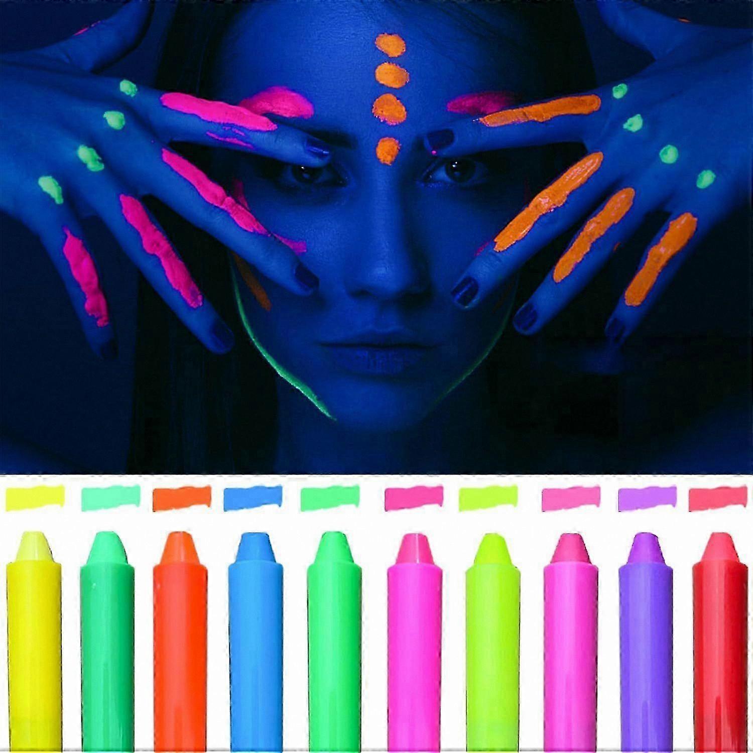 10 Pack Glow Face & Body Paint Sticks, UV Neon Crayons for Black Light Parties, Halloween, & Events
