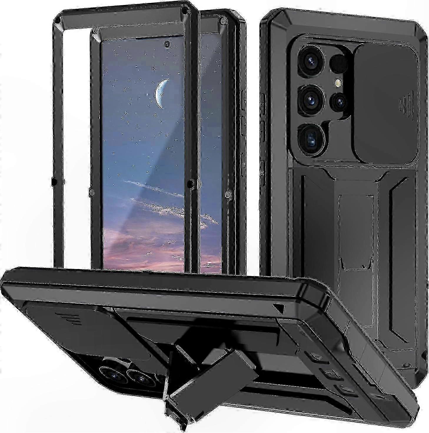 Full Body Shockproof Case with Aluminum Frame for Galaxy S24 Series, Slide Camera Cover and Kickstand, Waterproof Protection