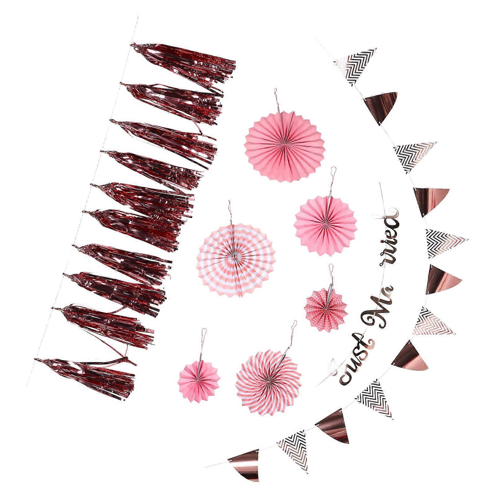 Elegant Pink Wedding Decor Set with Handcrafted Paper Fans and Banners for Romantic Indoors