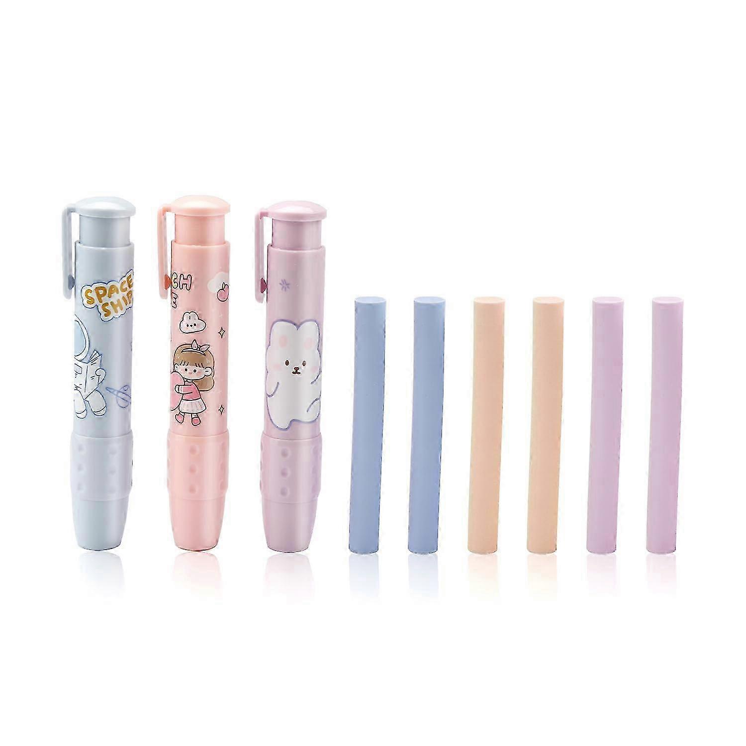 3 pcs Retractable Eraser,Push-Pull Rubber Eraser with 6pcs Eraser Refill,Cute Pen-Like Eraser for Student Writing Office