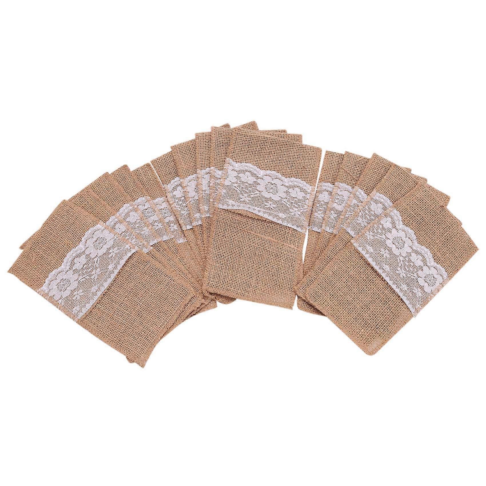 75Pcs Burlap Lace Cutlery Pouch Rustic Wedding Knife Fork Holder Bag Hessian Table Decoration Acces