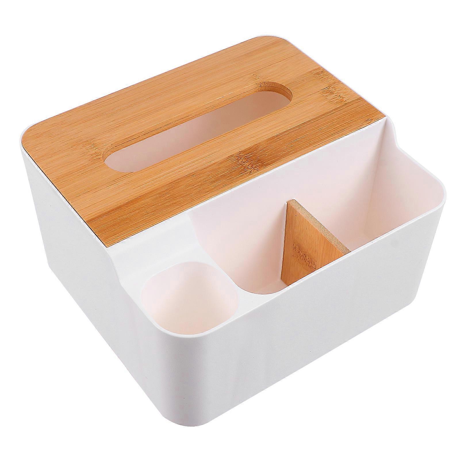 White Multifunctional Tissue Storage Box for Desktop and Bedroom Use with Plastic and Wood Material 1 Compartment