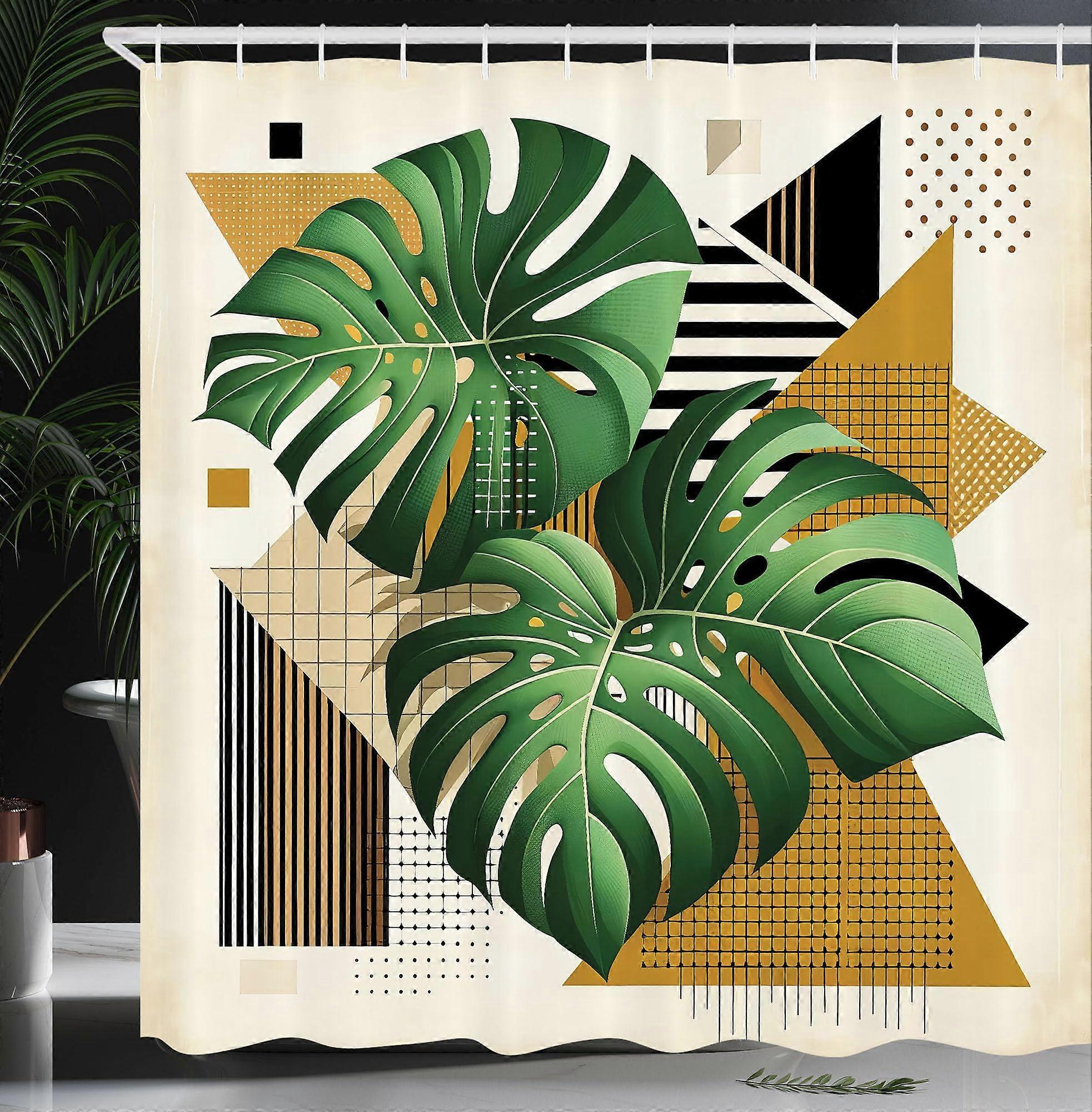 Monstera Shower Curtain Boho Scandi Style Geometric Leaves 69W x 70L Cloth Fabric With Hooks Fern Green Pale Coffee