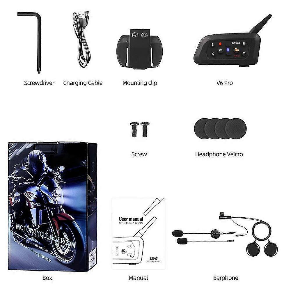 V6 plus Motorcycle Helmet Headsets Bluetooth5.0 Wireless Intercom Walkie-Talkie Handsfree Music 1500M Interphone Communicator for 6 Riders Dual Mic