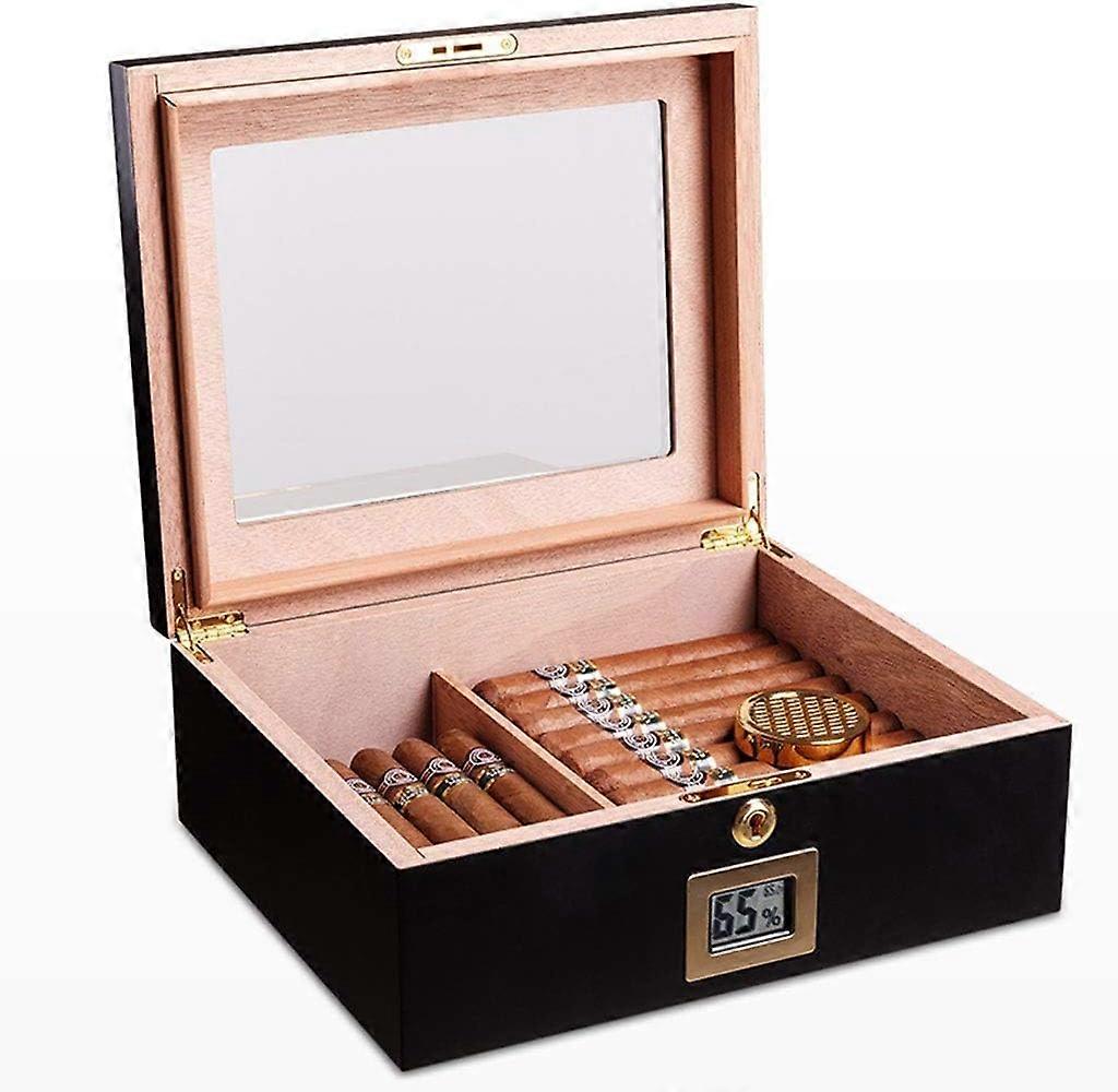 Cigar Cooler Cedar Cigar Cabinet Piano Black Finish Transparent Window Humidifier Electronic Hygrometer 29.5x24.7x11.2cm
