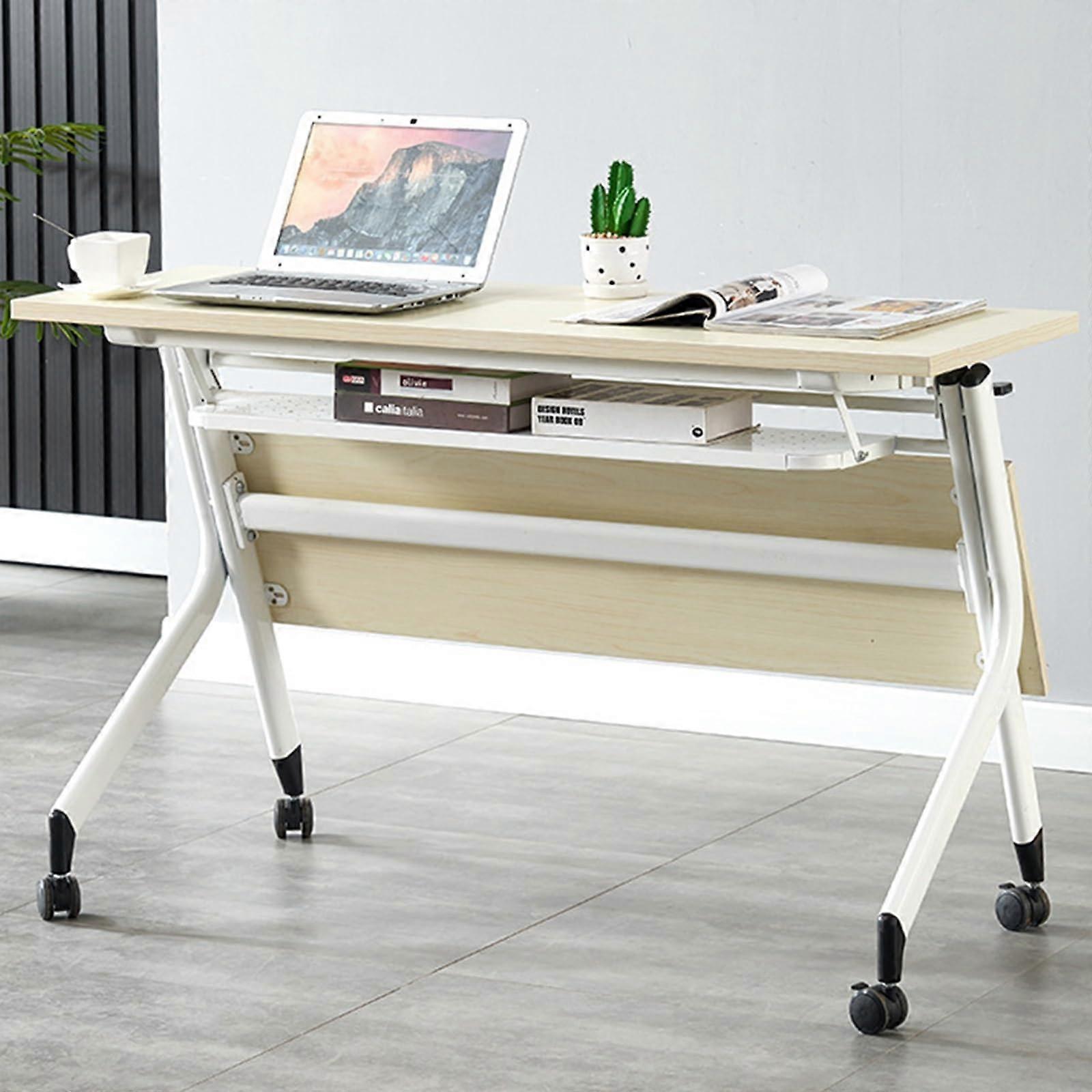 Mobile Folding Conference Table 140x60cm Natural Finish With Wheels Meeting Desk For Home Office Classroom 140x60x75cm