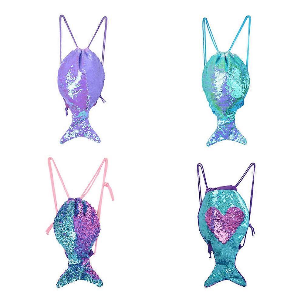 Sequin Drawstring Backpack Mermaid Tail Shape for Storage 2Pcs Multipurpose Gym Pouch
