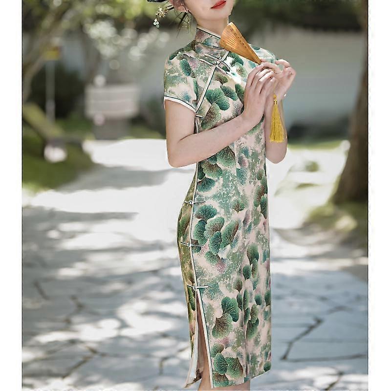 2025 Spring Summer Chinese Style Qipao Emerald Green Ginkgo