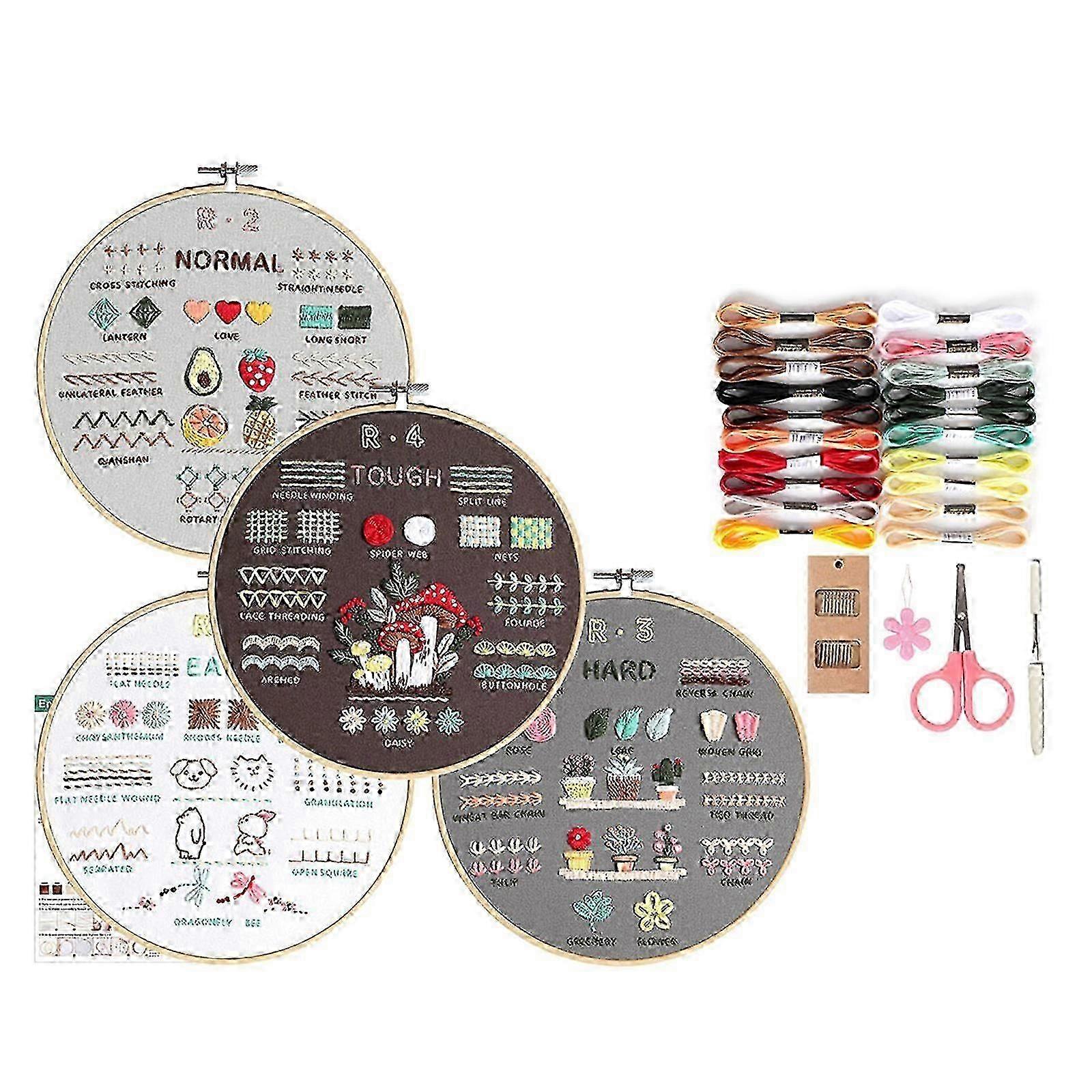 4sets Beginner Embroidery Set Flower Embroidery Set For Adult With Instruction Pattern Hoop Thread Scissors And Needle Multicolor Cs