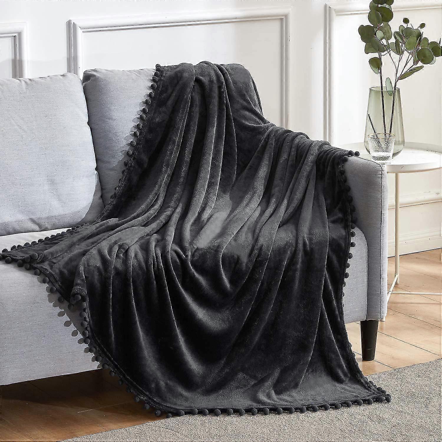 Wool Blanket With Pom Pom Fringe, Flannel Throw And Blanket For Sofa, Soft And Comfortable Lightweight Pl