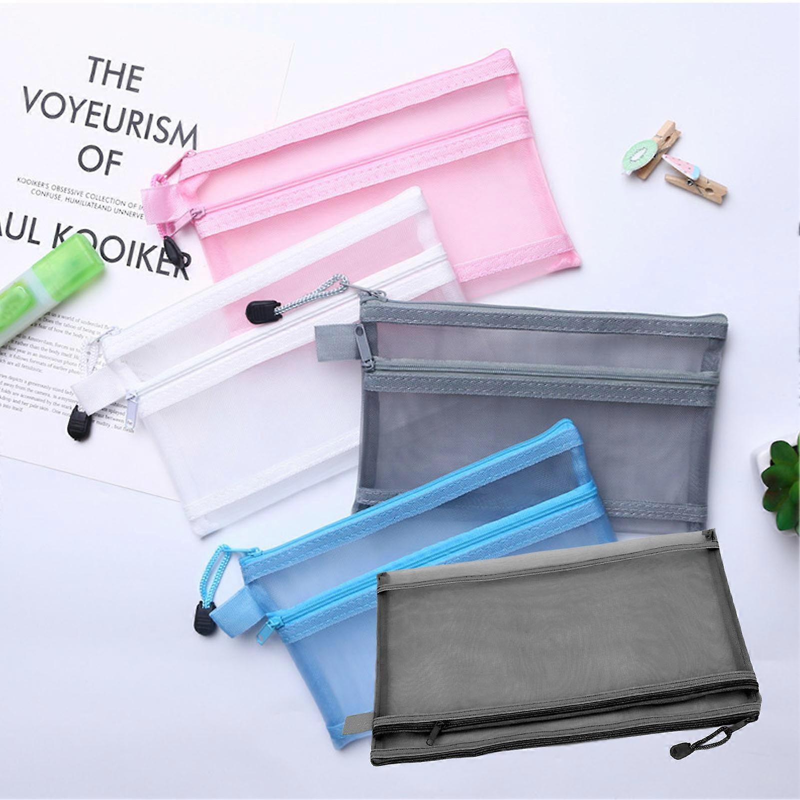 10Pcs Double Layer Mesh Zipper Pouch Bags Nylon Mesh A4 Document Bag with Handle for Office School Home Grey 
