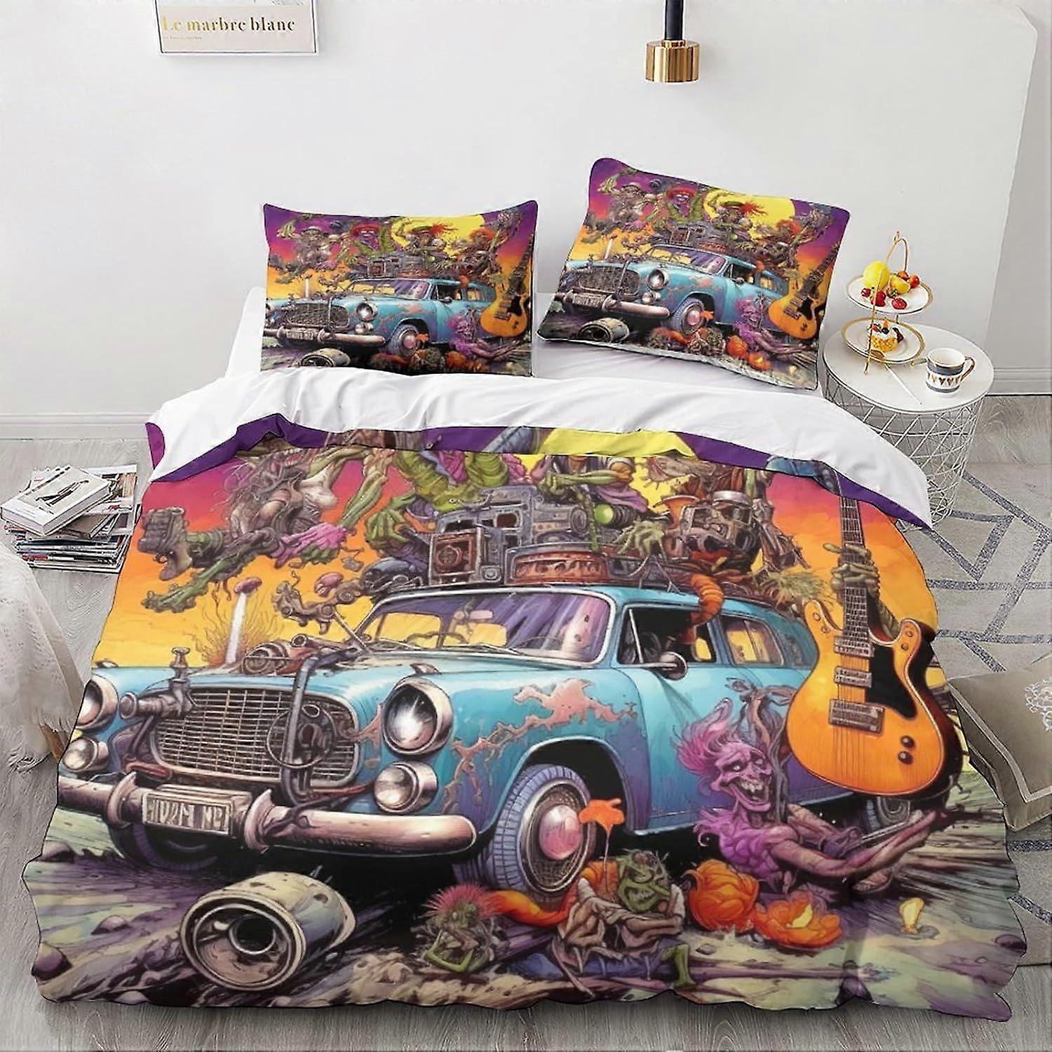LikeEj Monsters 3D خمر سيارة طباعة لحاف غطاء مجموعة مجموعات الفراش الكرتون مع إغلاق سحاب مخفي ، ستوكات البوليستر المعزي غطاء لحاف ل Te