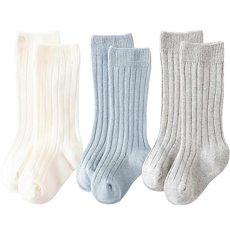 3Pairs Girls Knee High Sock Ribbed Boys Cotton Socks Solid Color Baby Stocking