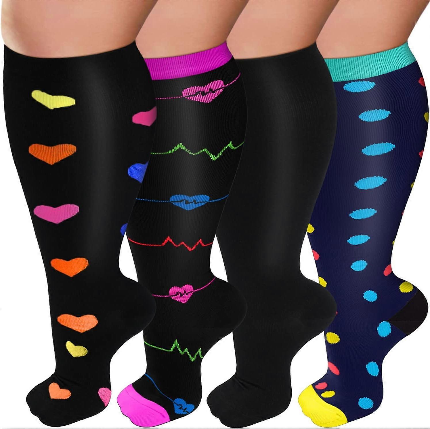 4 Pairs Plus Size Compression Socks for Women & Men Wide Calf 20-30mmhg Extra Large Support Socks for Nurses Circulation