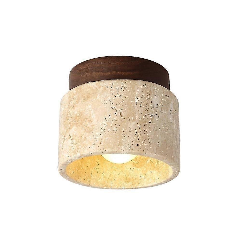 Nordic Yellow Stone Ceiling Light with Solid Wood, E27 Fixture for Bedroom, Hotel, Balcony