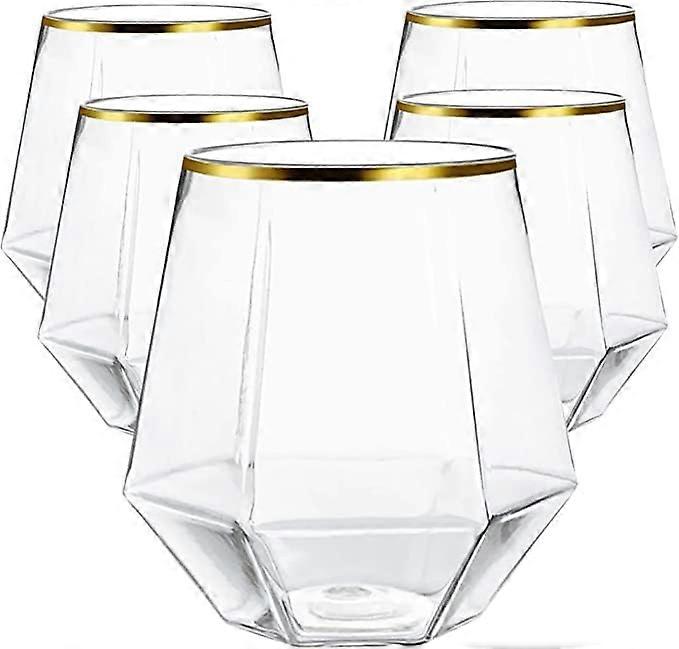 30 Count 12oz Gold Rim Plastic Stemless Wine Glasses Shatterproof Reusable Disposable for Parties