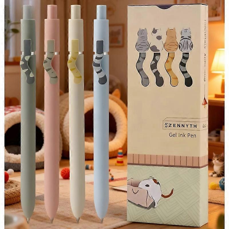 Lot de 4 stylos gel rétractables Chat Mignon - Encre noire à séchage rapide 0,5 mm | Écriture fluide pour étudiants, bureau et carnets de notes