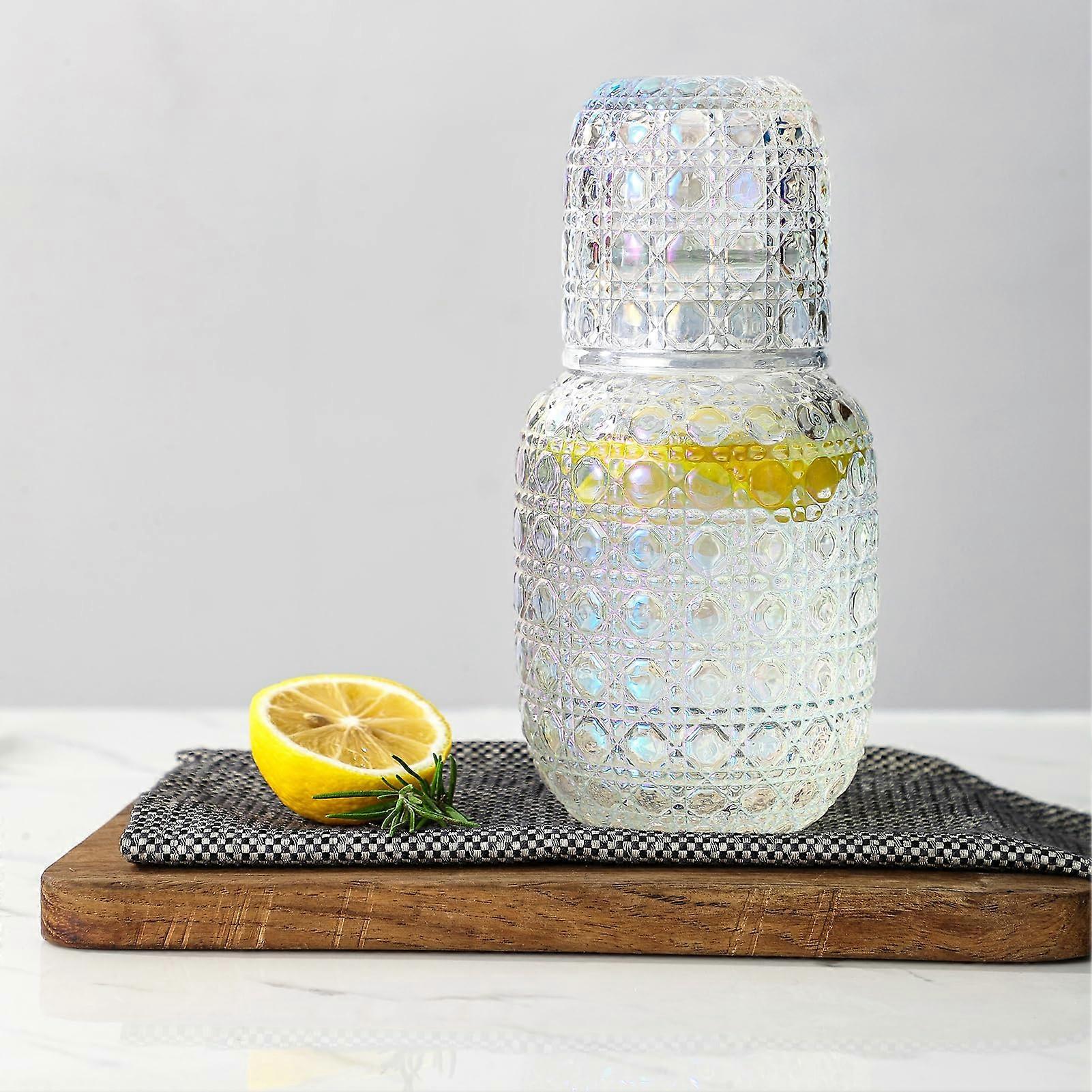 Bedside Water Carafe with Glass Set, Hand Blown Diamond Pattern, 15.5oz Pitcher and 5.5oz Cup