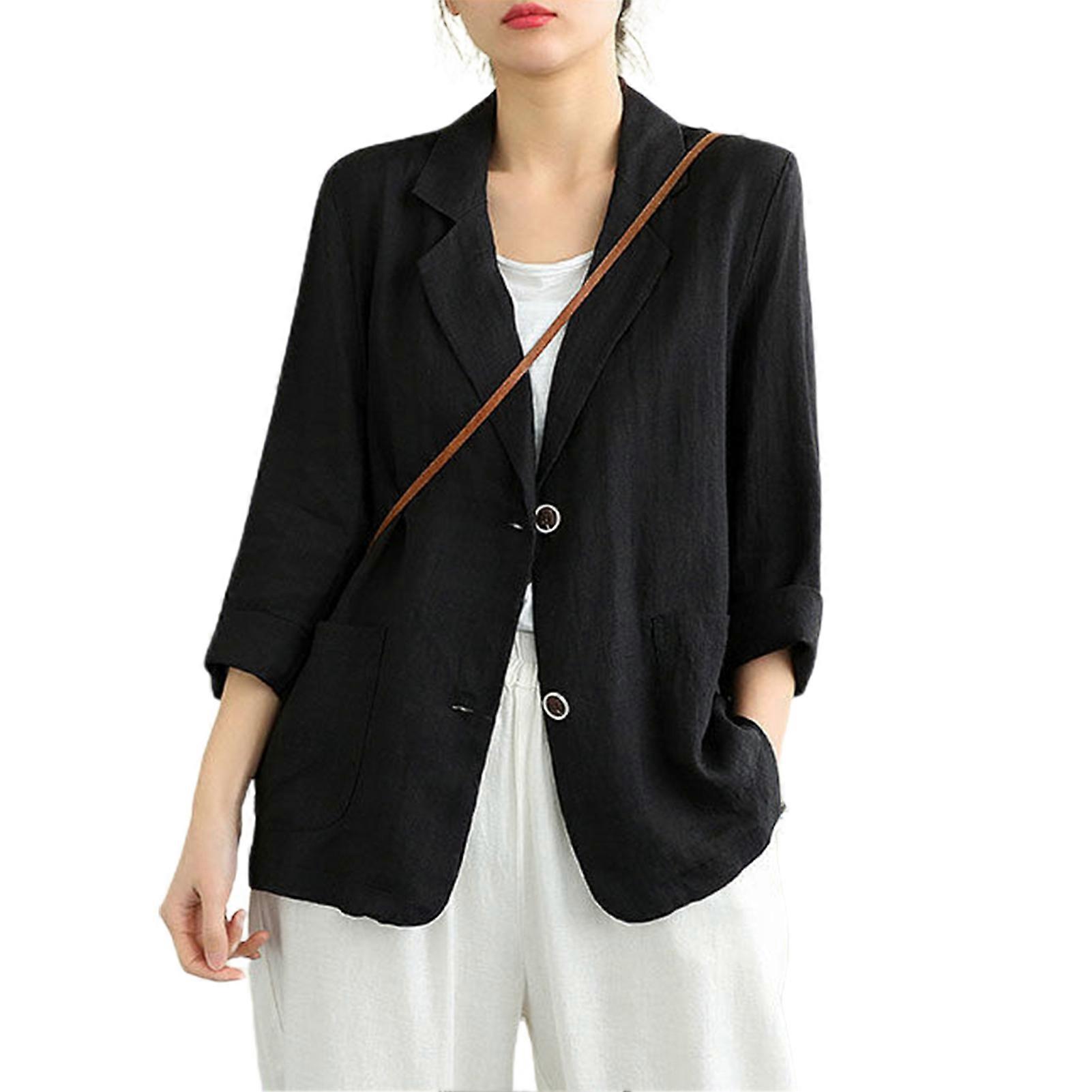 Women Summer Suit Coat Lapel Long Sleeve Solid Color Suit Jacket Button Closure Loose Fit Thin