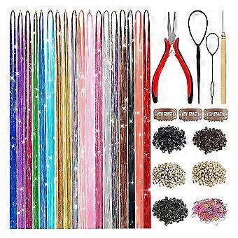 Hair Tinsel,18 Colors Hair Tinsel Kit for Girls 7600 Strands Fairy Tinsel Hair Extensions Holographic Hair Tinsel Heat