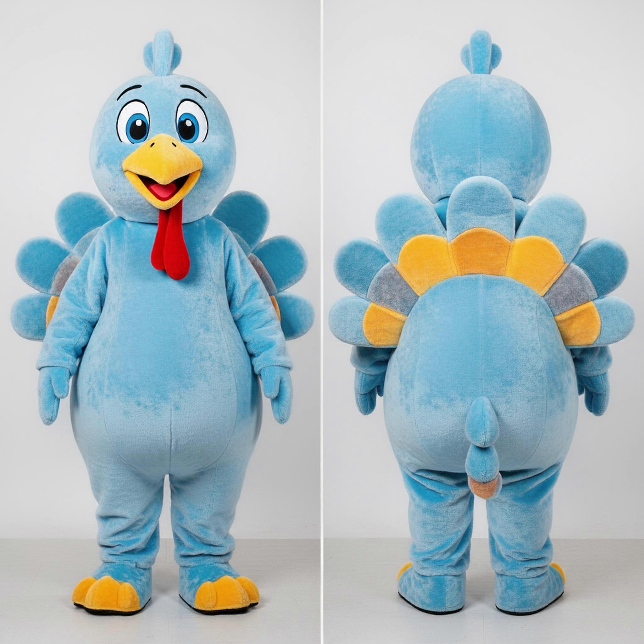 MASTICOT Sky Blue Feathered Turkey Mascot