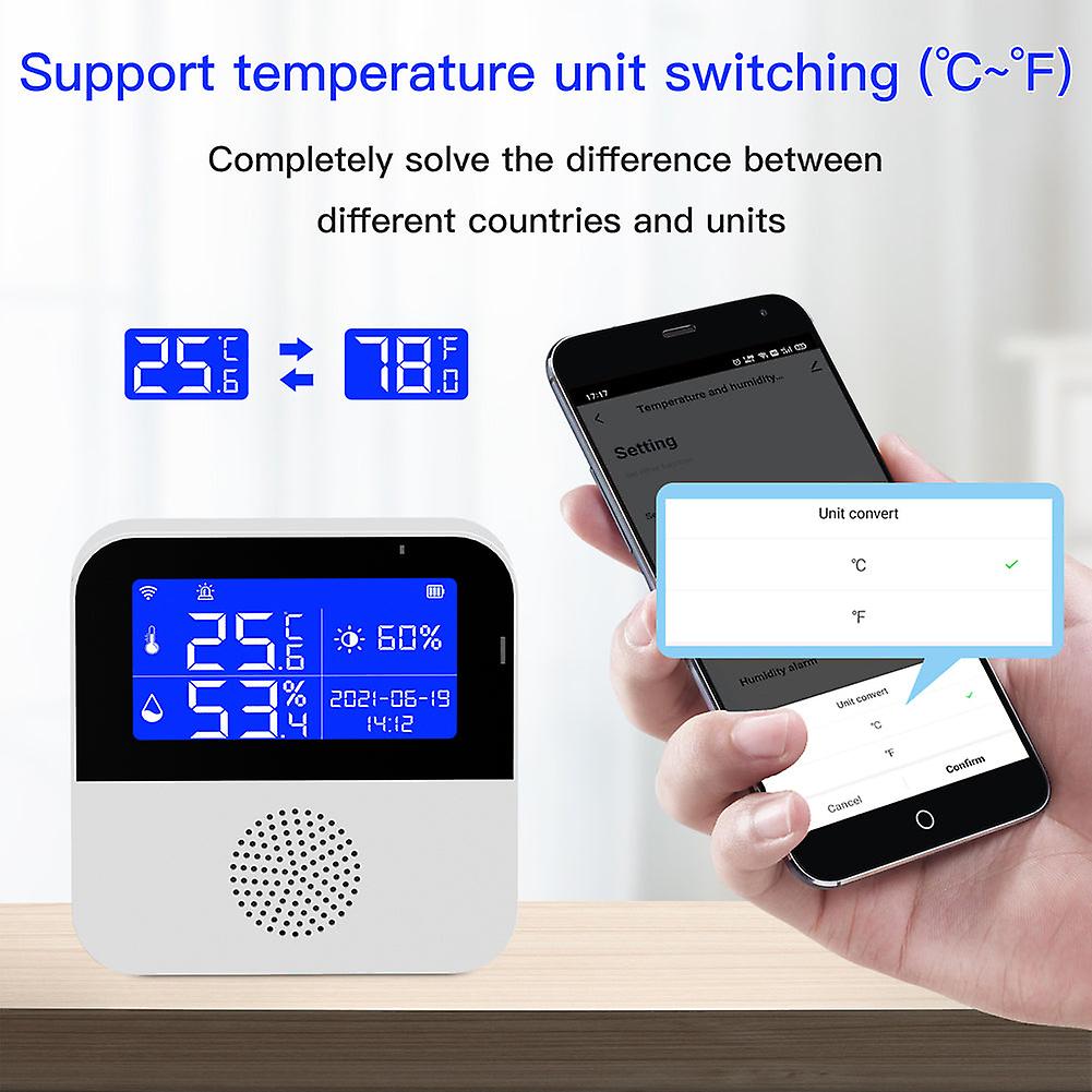 Tuya Wifi Intelligent Temperature Humidity Sensors 2.9 Inch With Backlight Lcd Time Date Mobilephone App Remote Monitoring