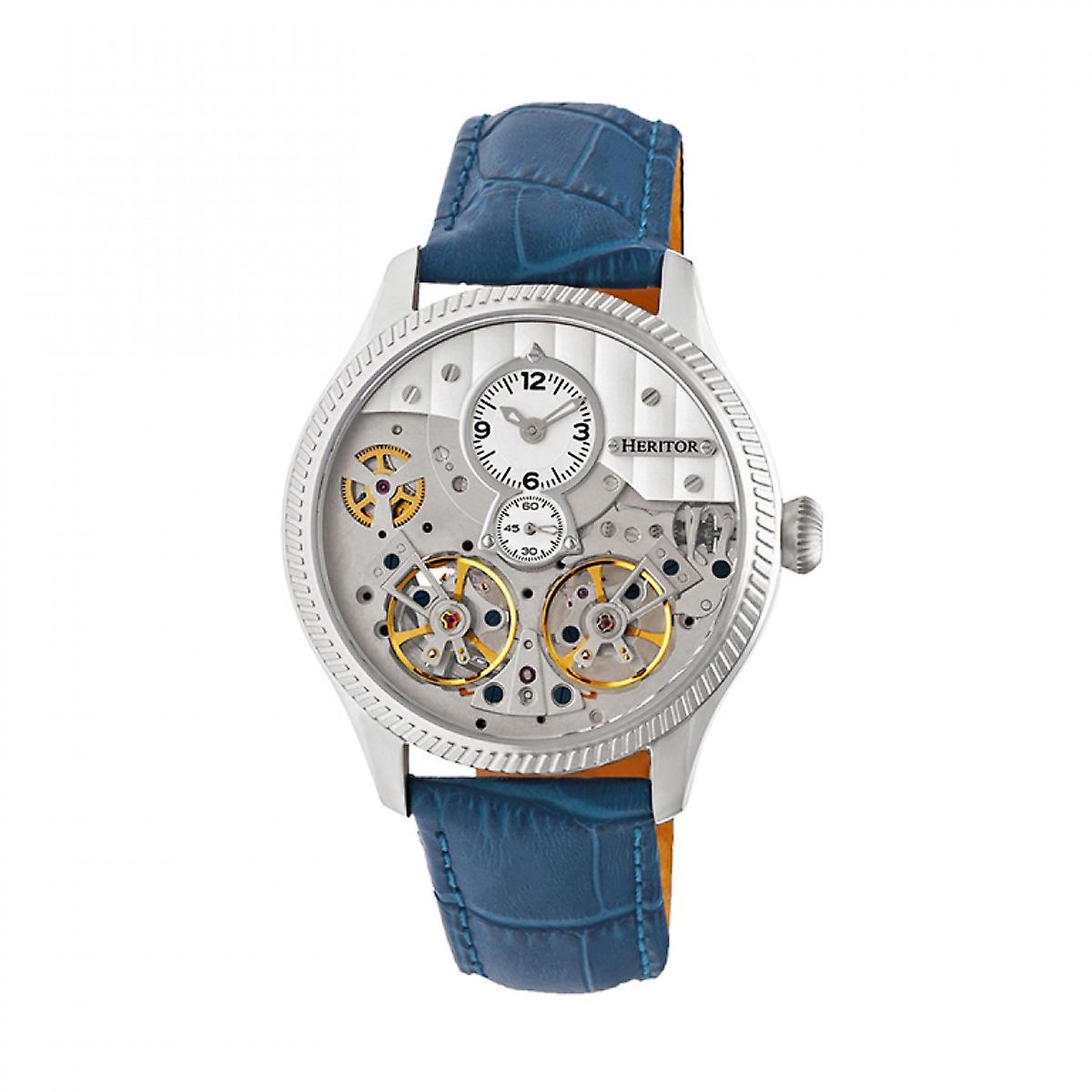 Heritor Automatic Winthrop Leather-Band Skeleton Watch - Silver/Blue